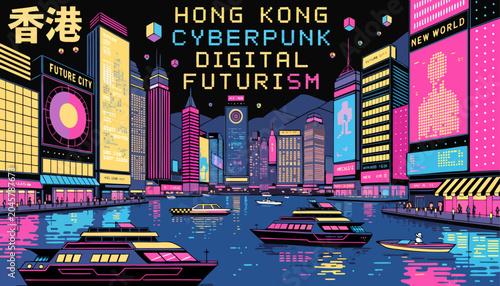 Very beautiful Hong Kong cyberpunk poster featuring Victoria Harbour surrounded by towering neon skyscrapers, holographic advertisements, futuristic ferries, reflective waterfront districts, and a 