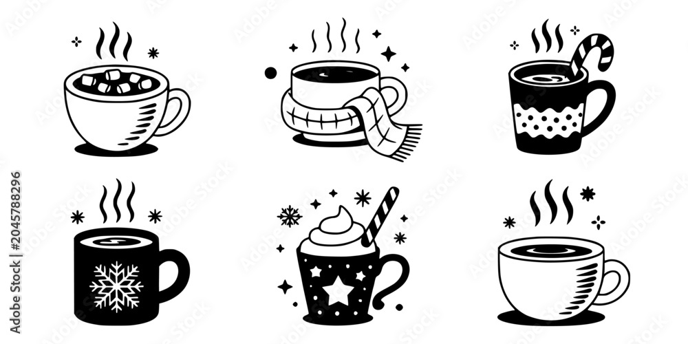 Obraz premium Coffee Cup with Steam and Winter Icons on Mug, Ice Crystal, Star Spark and Heart Detail, Decorative Holiday Vector Style