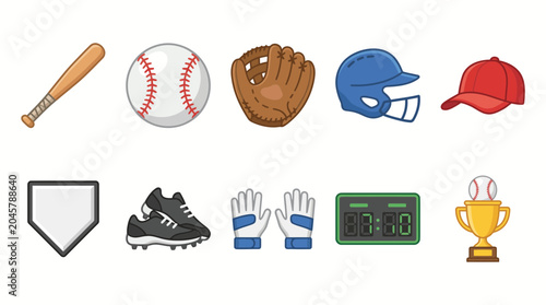 Fotografie Baseball sports equipment and accessories icons.