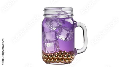 Glass mason jar with purple liquid ice cubes and golden spheres, isolated on transparent background