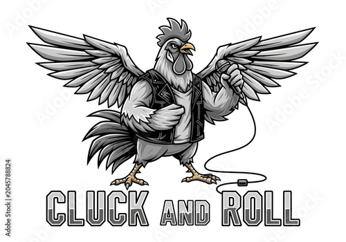 Obraz na płótnie Cluck and Roll Rocker Rooster Mascot Illustration, Grayscale Rooster Singer Wear