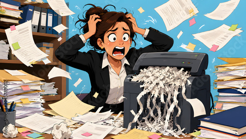 Work stress overwhelms a professional woman in a messy office