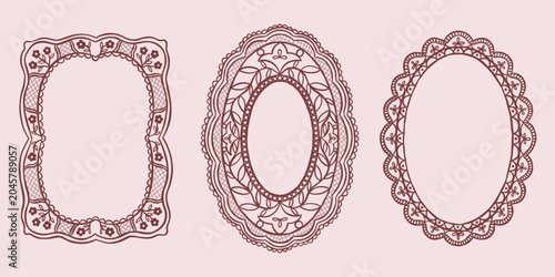 Vintage lace whimsical floral vector frames set. Decorative elegant retro coquette romantic borders