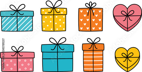 Принти на полотні Colorful gift boxes and hearts with ribbons on white background