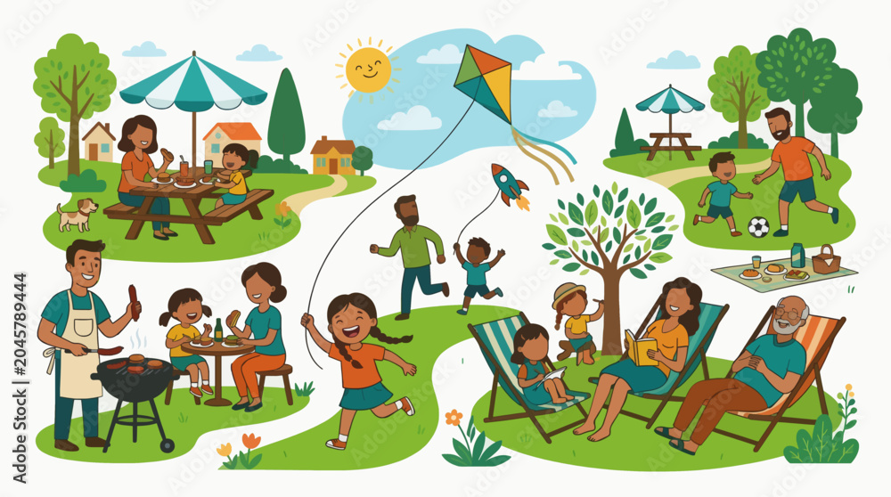 Fototapeta premium Flat Vector Illustration Family Picnic Park Activities Summer Day Commercial Use