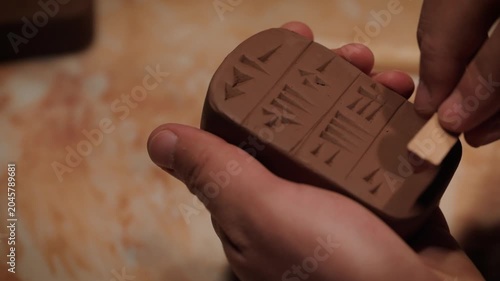 A craftsman engraving symbols in cuneiform script onto a clay tablet. Reconstruction of ancient writing techniques.