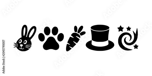 Fotografie Rabbit Paw Print Icons Set with Magician Hat, Stars and Swirl in Black on White