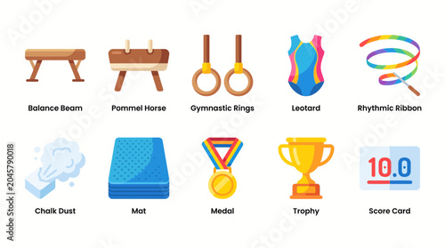 Colorful icons of sports equipment and medals.
