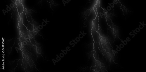 Lightning storm with electric bolts on black background