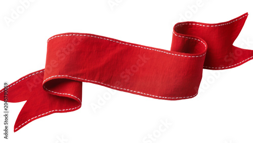 Curved red ribbon with white stitching, isolated on transparent background