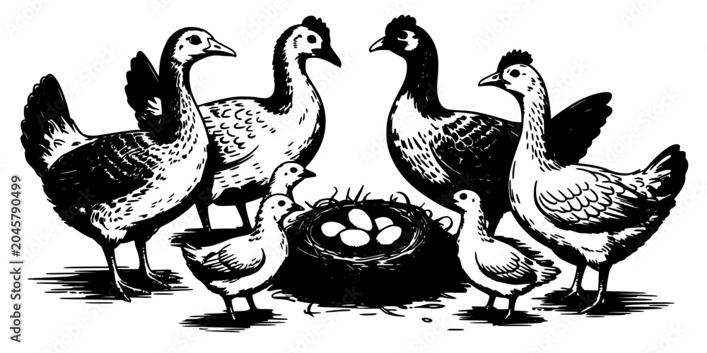 Obraz premium Chickens and Chicks Gathered Around a Nest with Eggs in a Farm Setting Featuring Poultry, Birds, Illustration with Black and White and Drawing