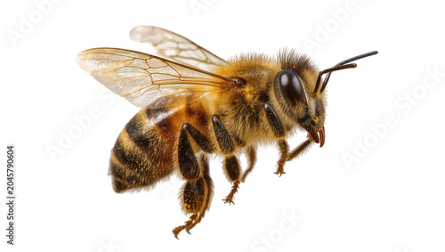 Detailed honey bee with fuzzy body and striped abdomen, isolated on transparent background