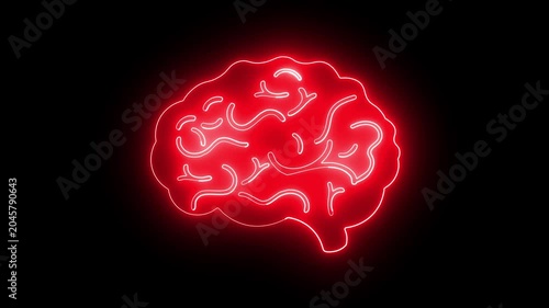 Glowing neon human brain icon animation on black background.