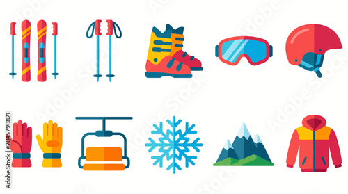 Fotografie Winter Sports Skiing Equipment Icons Set.