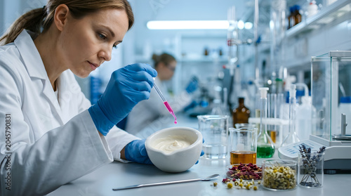 Professional Female Scientist Developing Organic Skin Care Product in Modern Laboratory Adding Active Ingredients with Pipette to Cosmetic Cream Formulation with Lavender and Chamomile Extracts