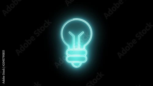Neon glowing light bulb icon animation isolated on black background.