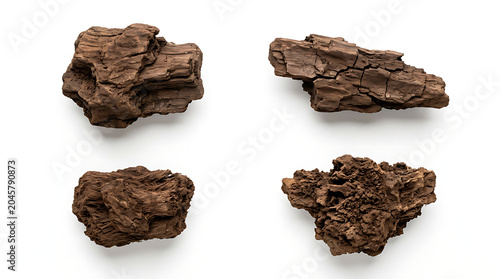 Four pieces of dark brown tree bark isolated on a white background