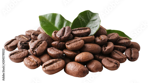 Roasted coffee beans with green leaves, isolated on transparent background