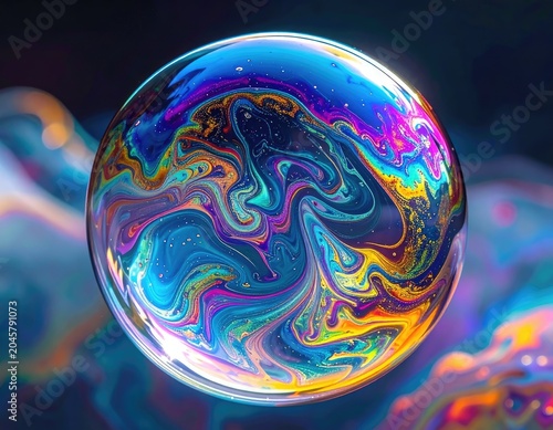 A single, iridescent bubble displays a universe of swirling colors.