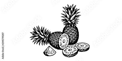 Foto Pineapples and Slices Illustrated in a Detailed Black and White Drawing Style