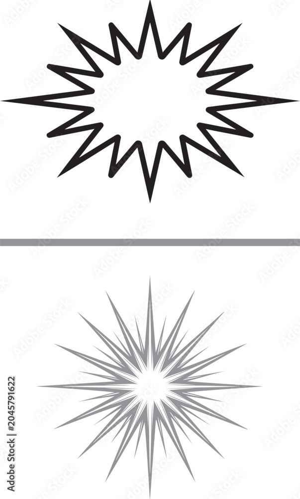 Fototapeta premium Starburst and sunburst graphic icons with jagged edges and sharp rays for comic design and visual highlights