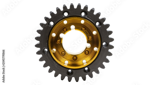 Dark gray metal gear with golden inner ring, isolated on transparent background