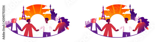 International Friendship and Unity Concept Silhouette Illustration with Global Landmarks and Diverse People
