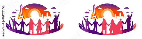 International Friendship and Unity Concept Silhouette Illustration with Global Landmarks and Diverse People