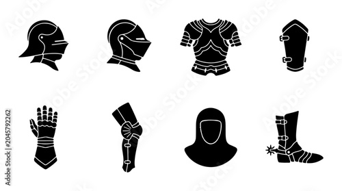 Quadro su tela Medieval Knight Armor Set Vector Icons, Historical Warrior Gear Collection