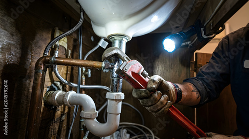 Professional plumber using a heavy-duty red pipe wrench to repair a leaking sink drain under a kitchen cabinet, illuminated by a bright flashlight, showcasing expert plumbing maintenance and repair.