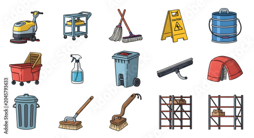 Tableau sur toile Professional janitorial and industrial cleaning equipment icons set