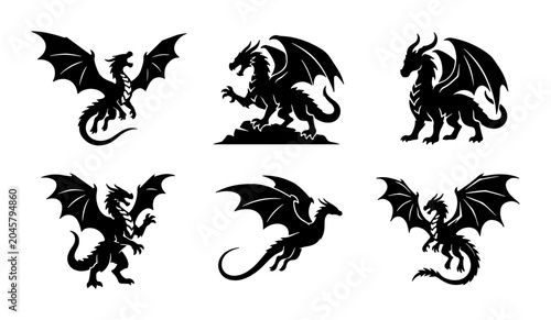 Fotografia Dragon Silhouettes Collection, Mythical Creature Vector Icons, Fantasy Beast Gra