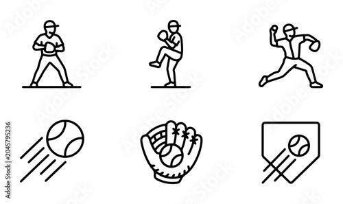 Baseball Player Icons, Sports Action Vector Set, Game Elements