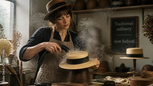 Crafting hats in a millinery workshop with steam and care during the day