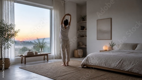Woman stretches in a bedroom with large window at sunrise with view of mountains and trees