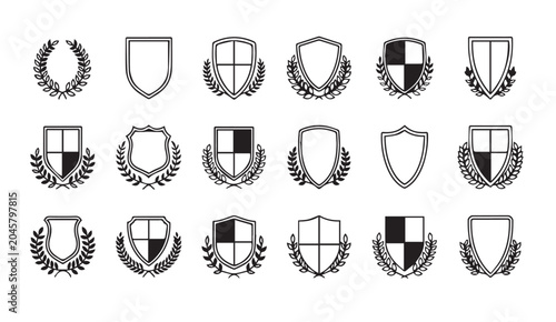 Heraldic Shields with Laurel Wreaths in Outline Style for Emblematic Design