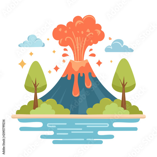 Flat design illustration of a volcano erupting with lava flow