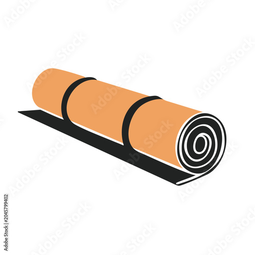 Rolled up orange yoga mat with black straps on white background