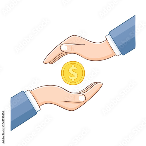 Two hands exchanging a gold dollar coin