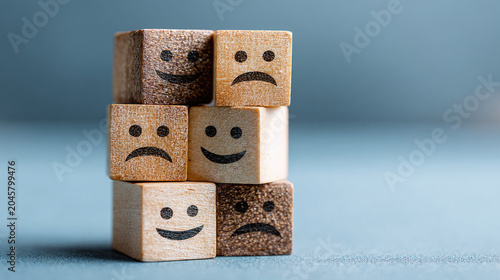 Tablou pe pânză Stacked Wooden Blocks Showing Happy and Sad Facial Expressions on Blue