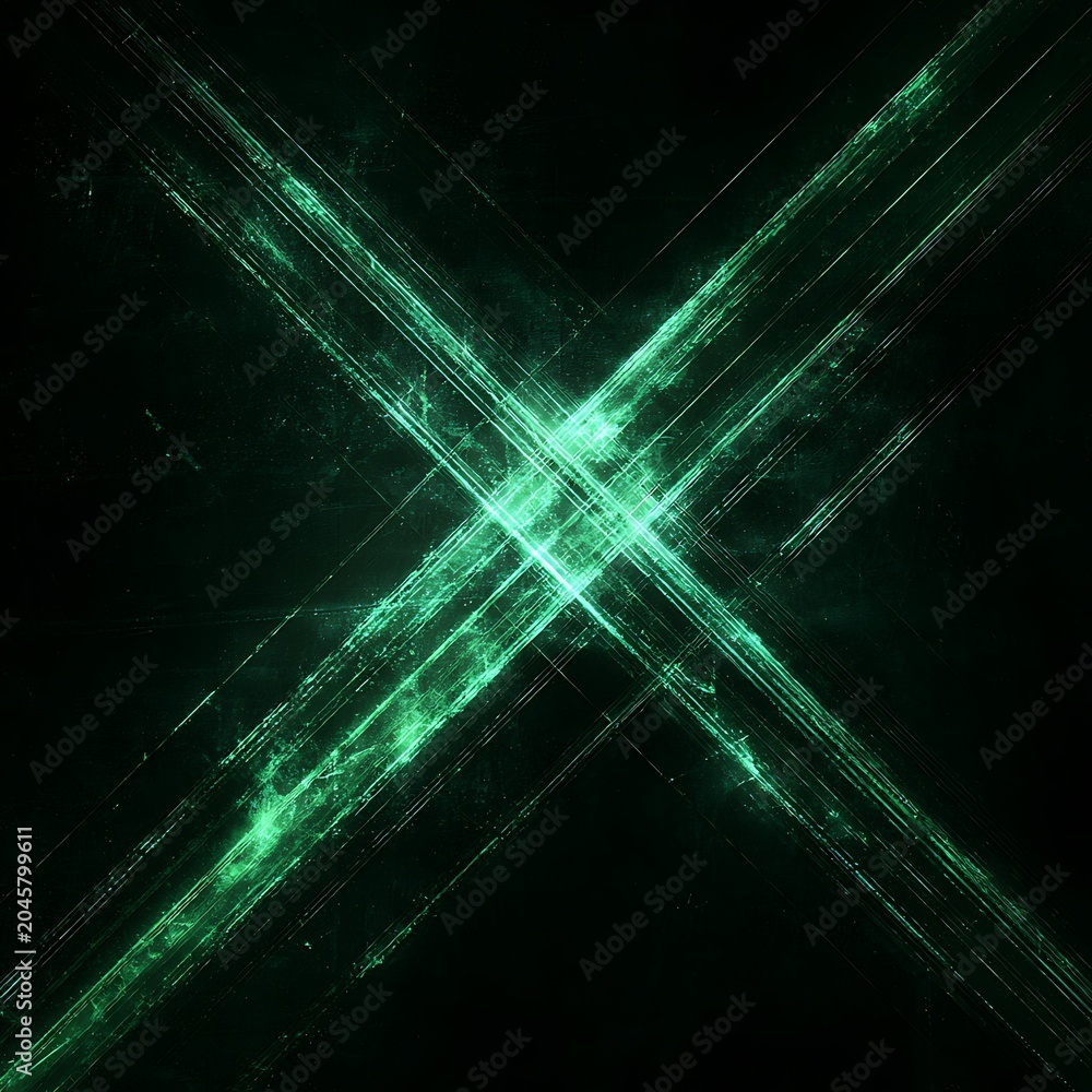 Fototapeta premium Abstract glowing green intersecting lines forming a dynamic X shape against a dark textured surface creating a futuristic and energetic visual composition
