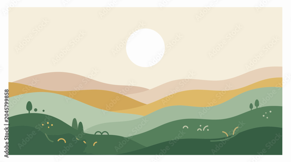 Obraz premium Minimalist flat design landscape illustration featuring undulating hills and a prominent sun in a serene earthy color palette, symbolizing peace and a sustainable lifestyle