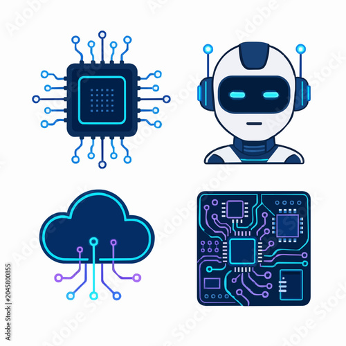 Modern vector illustration set featuring advanced artificial intelligence robot head computer processor chip cloud computing network and circuit board design