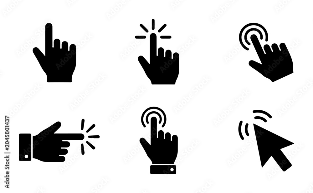 Fototapeta premium Click Icons Set, Cursor Pointer Symbols, Hand Gestures, Digital Interaction