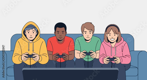 Four friends playing video games together.
