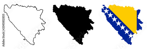 Quadro su tela Bosnia and Herzegovina map silhouette with national flag and geographic borders,
