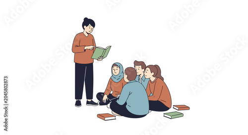 Group of people reading together outside.