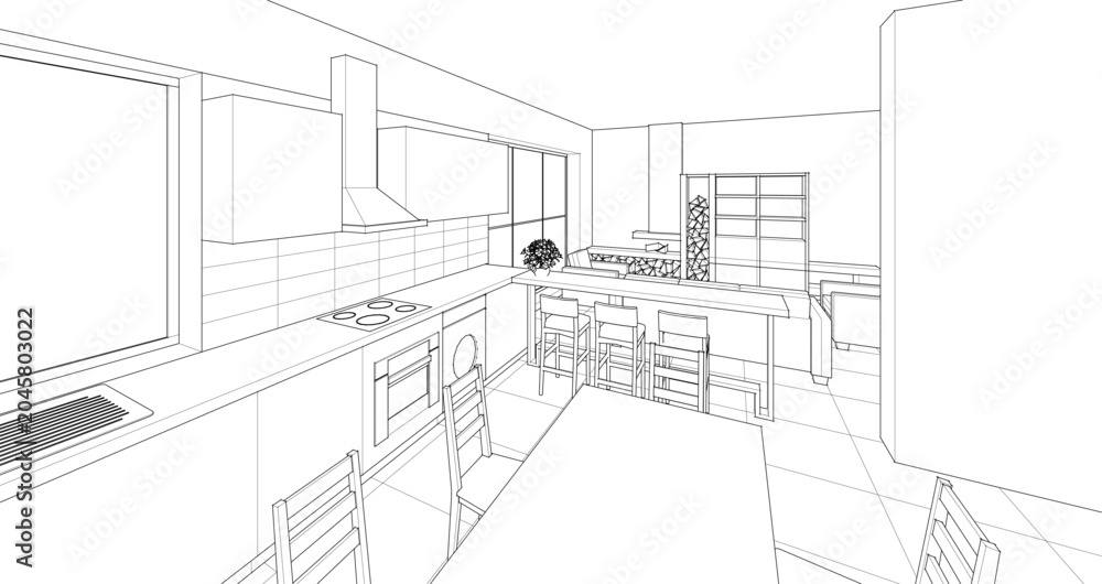 Fototapeta premium interior kitchen living room 3d illustration