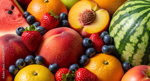 Fresh Assorted Fruits Including Watermelon Apples and Berries for Healthy Eating.