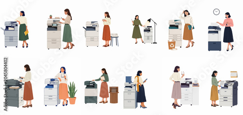 Konstfotografi Collection of diverse businesswomen in an office setting performing tasks with professional photocopiers and multifunction printers in a modern flat illustration style